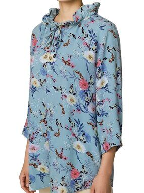 Simply Noelle Blue Floral Spring Long Sleeve Ruffle Blouse Women's Size S/M